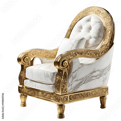 Roman Empire inspired marble and gold inlay armchair isolated on a empty plain background