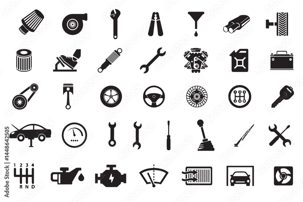 Fototapeta premium A set of car parts and automotive accessories in vector format. Ideal for repair shop designs, mechanic branding, and car-related infographics.