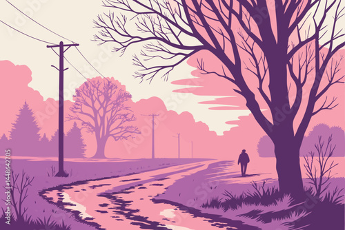 22 Ethereal winter landscape, pink and purple sky, bare trees, snowy road, telephone poles, reflective puddles, magical atmosphere, dreamlike scenery, soft pastel colors, misty air, lone figure in dis