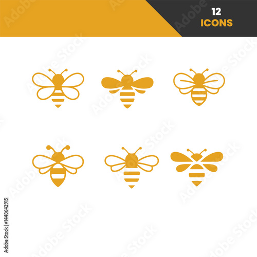 Set of six simple golden honeybee icons.This image features a collection of six stylized honeybee icons in a rich golden hue against a plain white background.