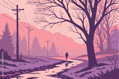 22 Ethereal winter landscape, pink and purple sky, bare trees, snowy road, telephone poles, reflective puddles, magical atmosphere, dreamlike scenery, soft pastel colors, misty air, lone figure in dis