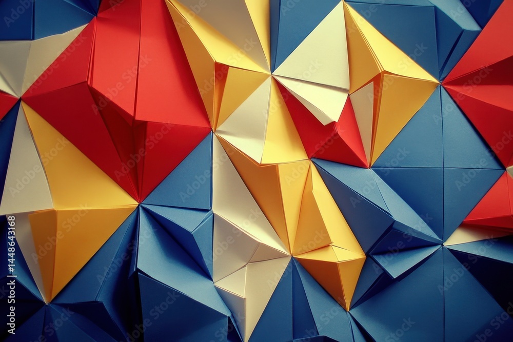 Fototapeta premium Geometric paper art installation featuring vibrant red yellow and blue origami triangles creating a dynamic and colorful abstract design perfect for backgrounds