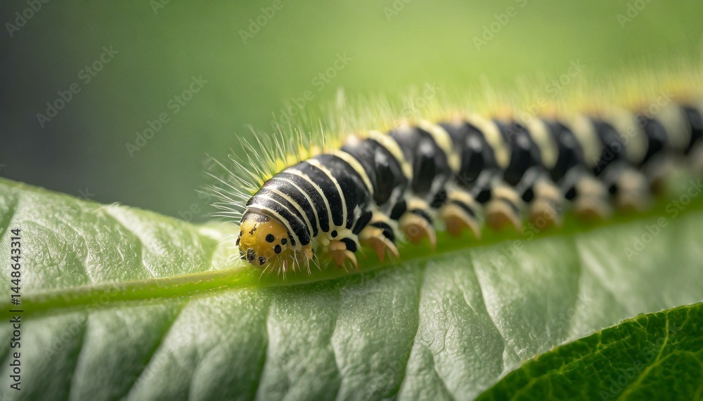 Naklejka premium Striped caterpillar on green leaf