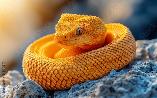 Vibrant yellow snake coiled on rocks
