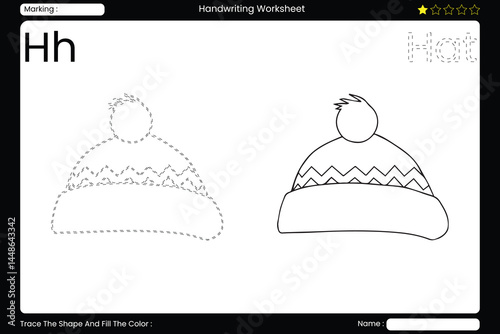 Trace Letter H. Cozy Hat Coloring Page for Kids. Printable Vocabulary Builder. Educational Vector Worksheet