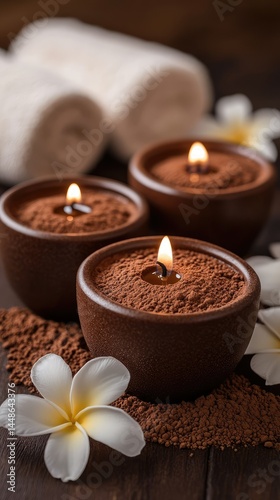 Spa ambiance with candles and flowers.  Relaxing scene with warm lighting and natural elements