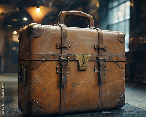 Vintage leather suitcase, aged and worn, sits on a floor