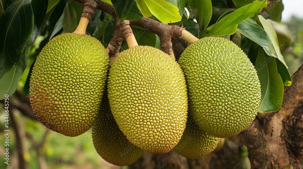 Bumpy-textured jackfruit clusters prominently displayed against a lush backdrop Bumpy-textured jackfruit clusters prominently displayed against a lush backdrop
