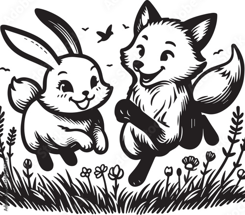 Friendly Rabbit and Fox Playfully Flying Through Fields. A whimsical black and white illustration of a rabbit and a fox joyfully flying through a field of flowers.