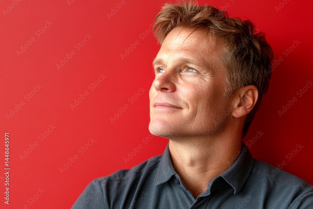 Fototapeta premium Creative graphic design of style for aging men. A stylish short-haired gentleman looking poised. Trendy men's ivy league haircut - midlife white man with hair. Red solid background.