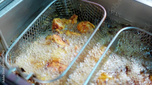 Close-up of crispy fried chicken pieces sizzling in hot oil inside a deep fryer in a Restaurant, showcasing delicious cooking in a kitchen.