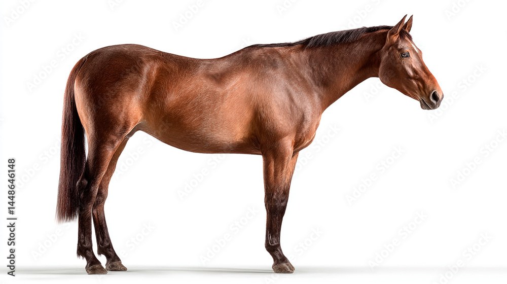 Obraz premium A poised chestnut horse stands in profile against a bright white background.