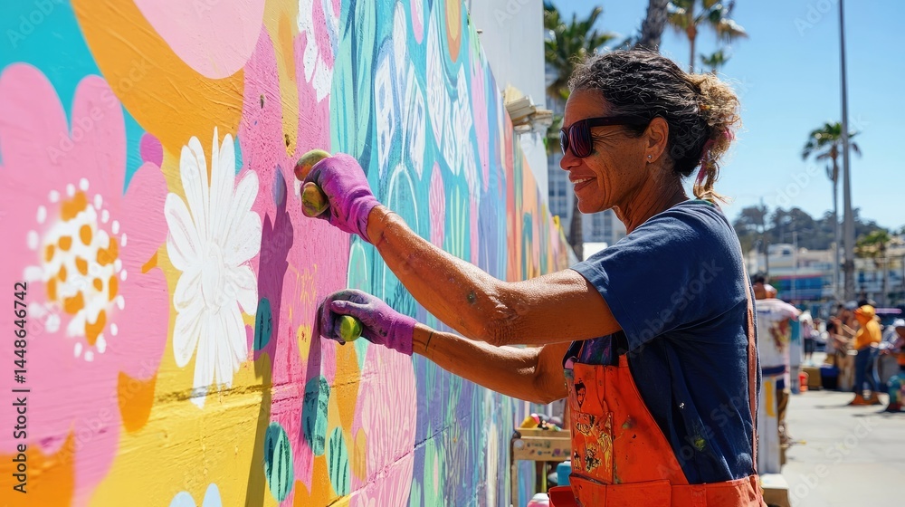 Fototapeta premium A woman in overalls and sunglasses paints a large, colorful mural on a wall.