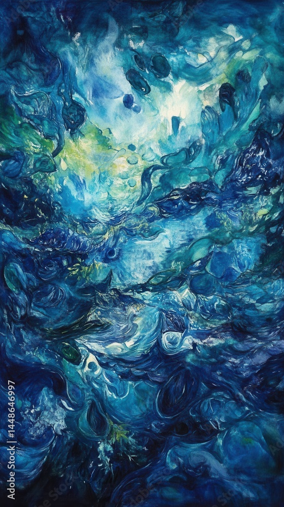 Abstract artistic painting of underwater scene with deep blue hues and ethereal light capturing the essence of ocean depths and artistic expression in a calming visual style
