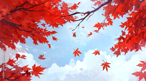 Vivid autumnal maple leaves falling against a light blue sky.