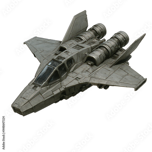 Highly detailed metallic grey spacecraft model, showcasing twin large engines and an aggressive angular design.