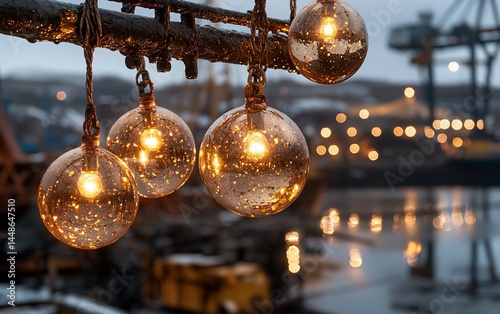Warm, amber-hued globes hang from a metal structure, illuminating a harbor scene at twilight