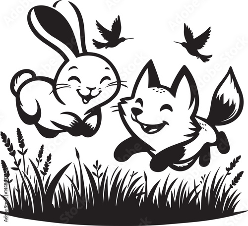 Friendly Rabbit and Fox Playfully Flying Through Fields. A whimsical black and white illustration of a rabbit and a fox joyfully flying through a field of flowers.