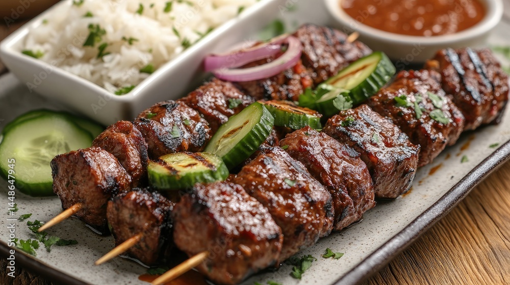 Grilled beef skewers with cucumber, onion, and rice on a plate. Grilled beef skewers with cucumber, onion, and rice on a plate.