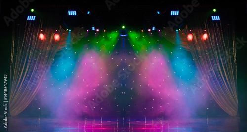 stage light with colored spotlights and smoke, concert and theatre scene 