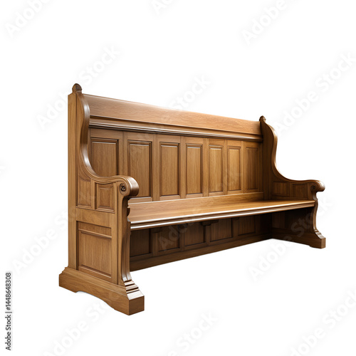 Traditional oak church pew bench with panelled sides, isolated on a empty plain background