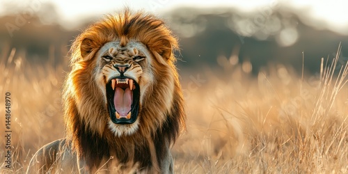 a male lion standing in golden grass with his mouth open 