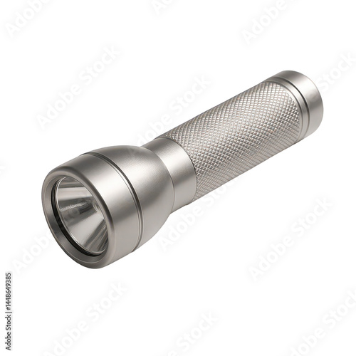 Cylindrical metallic flashlight with a knurled grip designed for durable and reliable portable light.