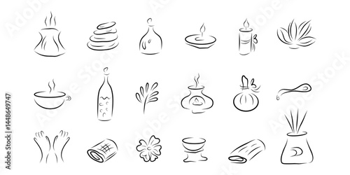 Thai massage and elements spa treatment clipart. Hand drawn illustration set aromatherapy and stone massage for spa design.