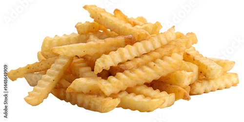 pile of crinkle cut fries golden brown on white ba