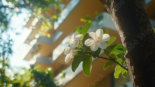 White flowers bloom near buildings