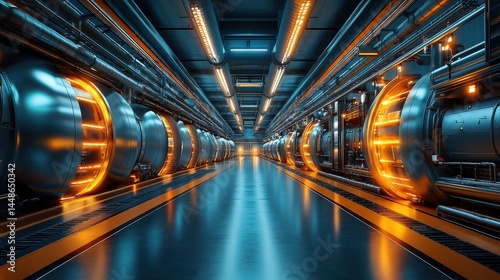 Futuristic industrial hallway with glowing metallic components.