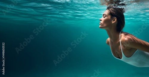 Summer banner. A woman diving with her eyes closed in clear blue water suggests relaxation, connection with nature and a feeling of weightlessness. Summer concept.