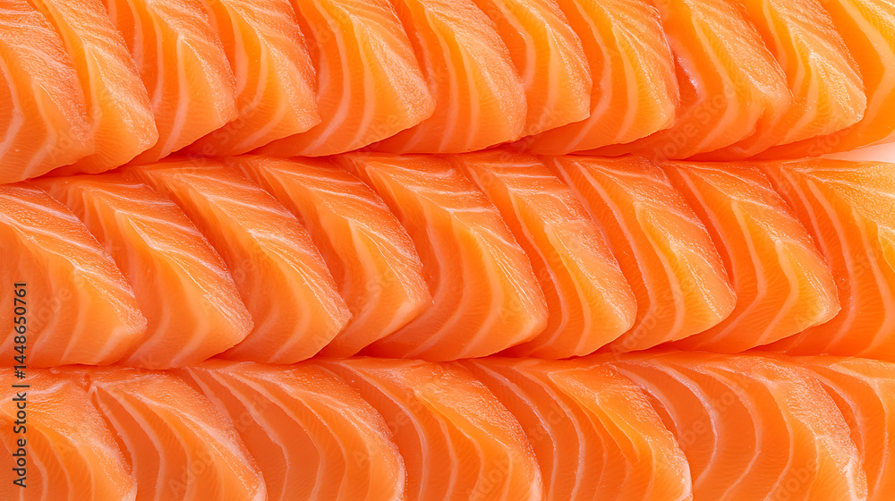 Fototapeta premium Salmon slices arranged, showcasing vibrant color and texture, perfect for culinary background, food photography, or healthy eating concepts.