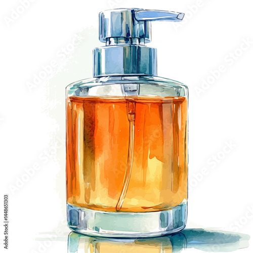 Cleansing Oil Pump Bottle, vector watercolor illustration, isolated on a white background.