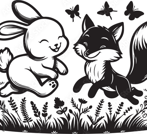 Friendly Rabbit and Fox Playfully Flying Through Fields. A whimsical black and white illustration of a rabbit and a fox joyfully flying through a field of flowers.