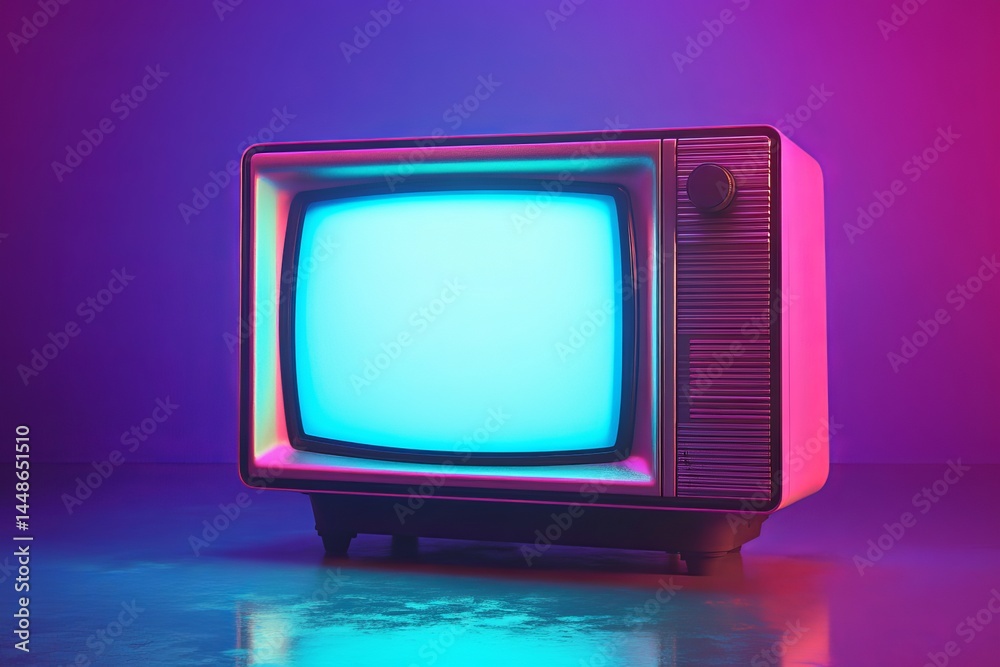 Vintage television with vibrant blue screen and colorful background lighting in a modern style setting