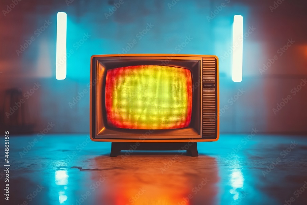 Vintage television set illuminated in blue and orange hues in a stylish interior setting during the evening