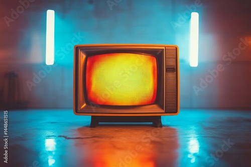 Obraz na płótnie Vintage television set illuminated in blue and orange hues in a stylish interior setting during the evening w salonie