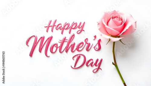 Pink rose on white background with “Happy Mother’s Day” message, symbolizing love and appreciation.