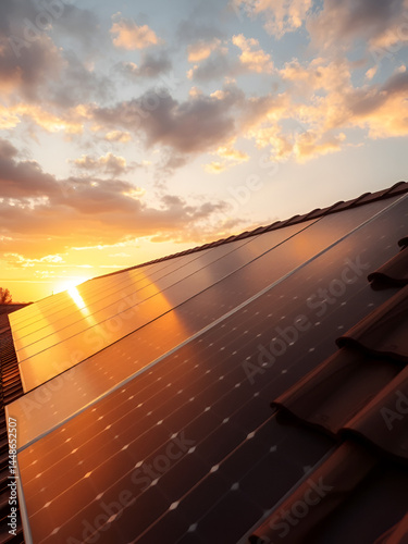 Solar panels on roof convert sunlight to energy. Sunset background, for renewable power concepts