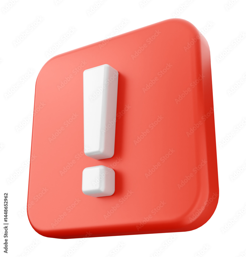 Red 3D Attention Icon with White Exclamation Mark Symbol on Transparent Background Red 3D Attention Icon with White Exclamation Mark Symbol on Transparent Background