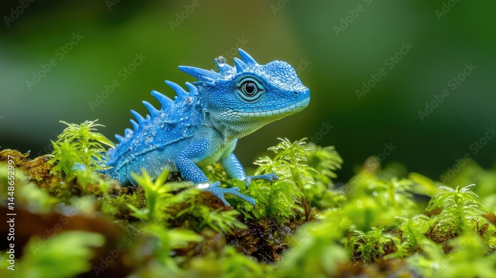 Obraz premium Vibrant blue lizard amidst lush moss