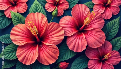 Intricate hibiscus flower detail, stylized repeating design , illustration, elegant, background