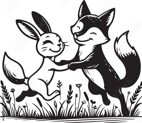 Friendly Rabbit and Fox Playfully Flying Through Fields. A whimsical black and white illustration of a rabbit and a fox joyfully flying through a field of flowers.