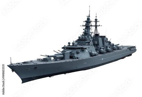 Modern naval destroyer isolated on white background, displaying high-tech radar systems and missile launchers in a clean navy-grey color scheme