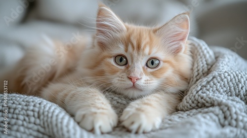 Adorable ginger kitten nestled in a cozy blanket