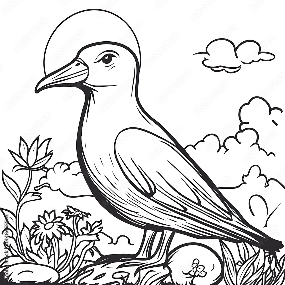 Fototapeta premium Elegant bird illustration standing on stone among blossoms and clouds perfect for printable coloring book pages