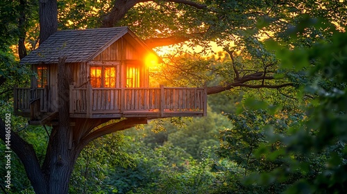 Wooden treehouse at sunset
