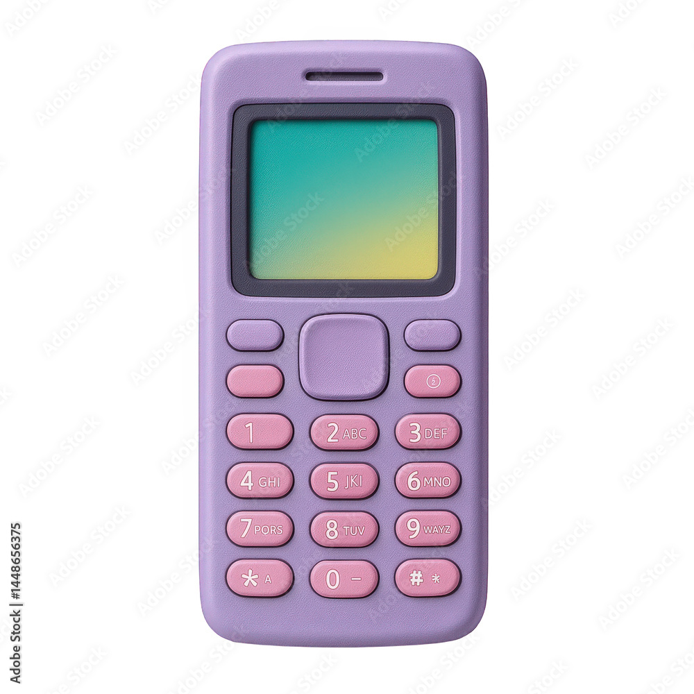 Compact purple feature phone with pink keys and vibrant screen display, capturing a minimalist style. Compact purple feature phone with pink keys and vibrant screen display, capturing a minimalist style.
