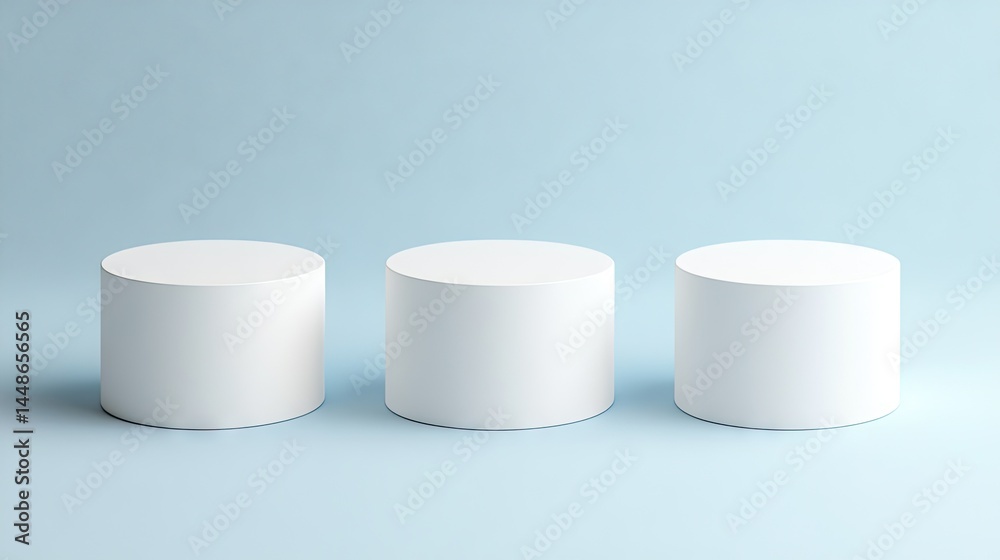 Three simple white cylinders on a pale blue backdrop. Three simple white cylinders on a pale blue backdrop.